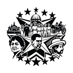 Black and White Artistic Representation of Historical Figures and Landmarks