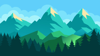 Fototapeta premium Striking vector landscape featuring tall jagged mountains and evergreen trees