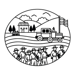 Obraz premium Agricultural Rural Scene Featuring Farmers, Vehicle, and Landscape in Minimalist Illustration Style