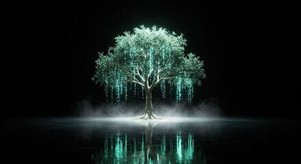 Enchanting glowing tree reflecting in misty water, a captivating symbol of nature and technology meeting