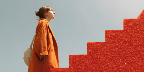 Ascension and Ambition: A woman in a vibrant orange coat ascends a set of striking red stairs, looking towards the cloudless sky. Evoking themes of progress, aspiration, and achievement.