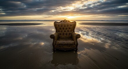 Dramatic antique armchair on wet sandy beach at sunrise creates a surreal, dreamlike scene
