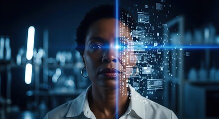 Woman with digital data overlay on face in futuristic laboratory setting