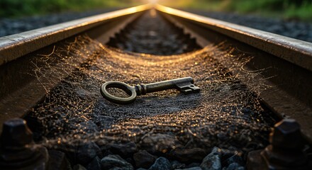Unlock your potential with this vintage key lying on railroad tracks towards a promising future