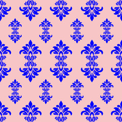 Royal Border Damask Pattern.Classic royal damask pattern featuring an elegant border design with blue floral motifs on a dusty pink background. Suitable for wrapping paper and luxury items.