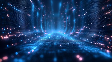 Obraz premium An abstract digital tunnel with glowing blue and pink particles, representing a cyberspace or data flow.
