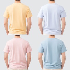 Four people showing backs wearing assorted colored T-shirts on gray backdrop