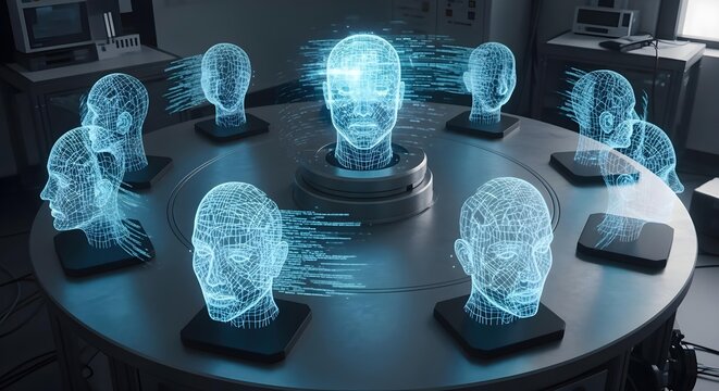 Holographic human heads in blue digital wireframe on round table in lab
