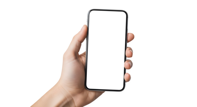 Hand holding smartphone with blank screen on black    .ai generative, transparent background, white background. isolated on white background, png, jpeg, jpg.