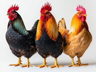 Fototapeta premium Regal rooster with bright orange plumage and deep green tail feathers, isolated on white background.