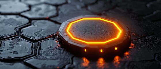 Futuristic Octagonal Platform with Glowing Orange Neon Lights on Dark Hexagonal Surface