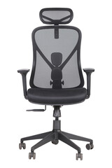 Ergonomic black office chair with adjustable armrests, mesh backrest, and headrest, designed for...
