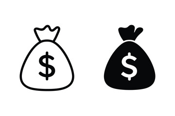Two money bags with dollar signs one outline and one solid isolated on white background