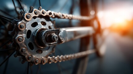 Fototapeta premium A close-up of a bicycle's chain and crankset, showcasing the intricate mechanics and design in a blurred background with warm sunlight.