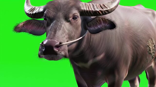 Majestic Water Buffalo with Nose Rope on Isolated Green Screen Background
