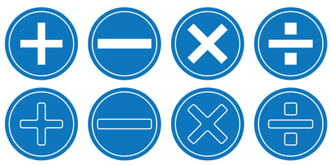 Plus, minus, multiply, divide and equal sign icon design set. Addition, subtraction, multiplication, division, equal sign, icon symbol. Mathematical symbol icon.