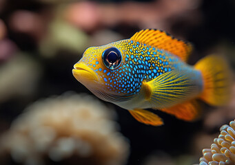 Obraz premium Vibrant tropical fish with bright blue spots and orange fins swims gracefully in coral reef, showcasing its vivid colors and intricate patterns. underwater scene is lively and colorful