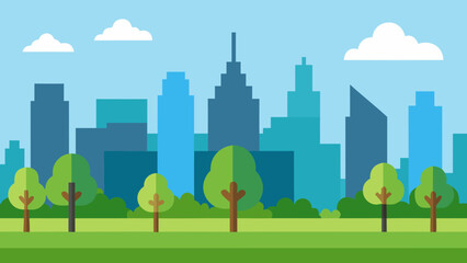 Urban City Skyline with Lush Trees and Park in Foreground