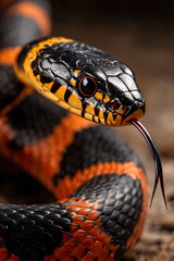 Close-up of a Coiled Striped Snake in Striking Attack Pose
