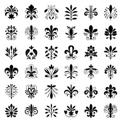 A collection of 25 black and white vector icons featuring elegant floral ornaments, classic Fleur-de-lis symbols, and various decorative flourishes