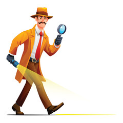 Walking detective in classic outfit holding a flashlight and a magnifying glass for searching. Vector cartoon character illustration