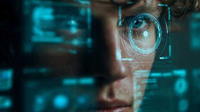 Man's Eye with Futuristic HUD Overlay, Augmented Reality Technology Concept