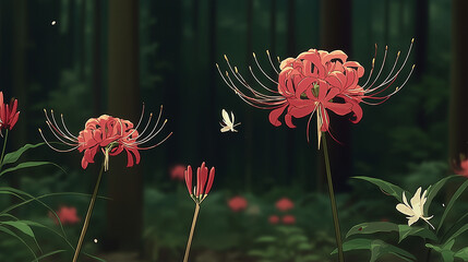 Anime style illustration of red spider lilies and butterflies in a forest　森の中の彼岸花と蝶