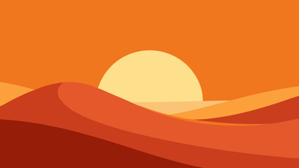 Flat Desert with Large Sun Setting Behind Sand Dunes Landscape