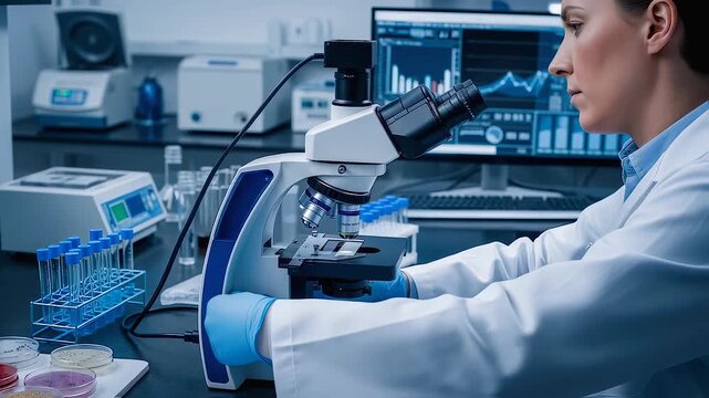 Researcher at microscope analyses petri dish, researcher at microscope compares images on screen, sterile workspace surrounds researcher at microscope for precise diagnostics