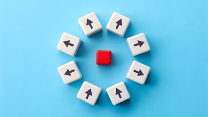 Strategic Focus and Leadership – Red Cube at the Center of Abstract Converging Arrows on Blue Background