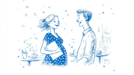 Whimsical Minimalist Drawing of Smiling Pregnant Woman Handing File to Man in Shirt &ndash; Blue Ink on White, French Bistro Style