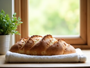 Freshly baked bread cooling on towel by window light