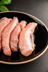 Rabbit raw meat fillet dietary fresh delicious gourmet food background on the table rustic food top view copy space keto and paleo diet