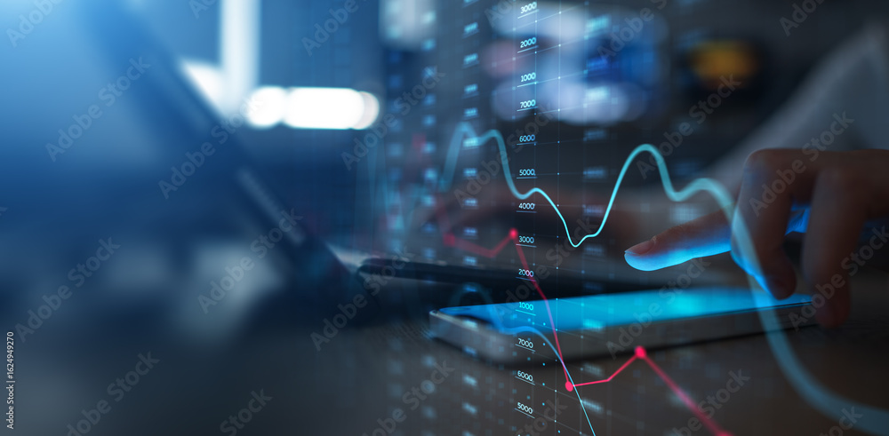 Poster financial data visualization and market analytics interface projected on virtual screen.