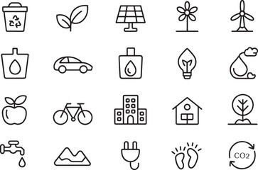 Set of environmental and ecology icons, including recycling, renewable energy, and nature symbols for sustainability and a green lifestyle