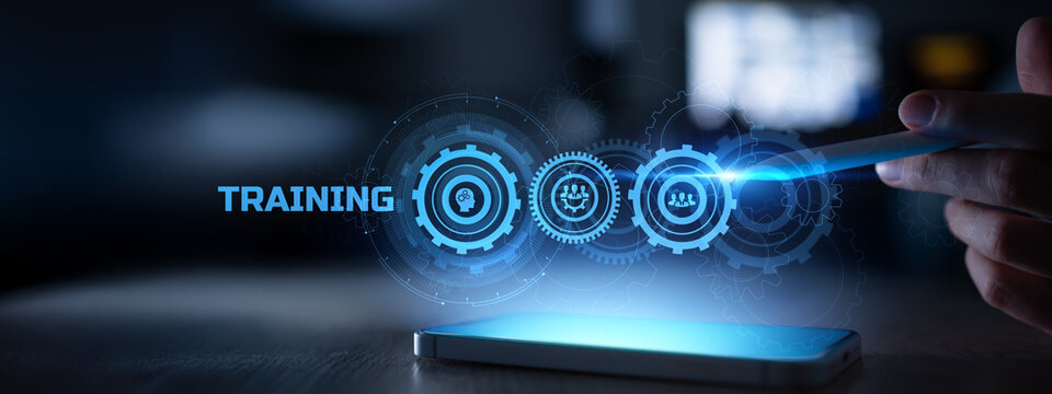 Training and Employee Development Process Illustrated with Digital Gears and Interface.