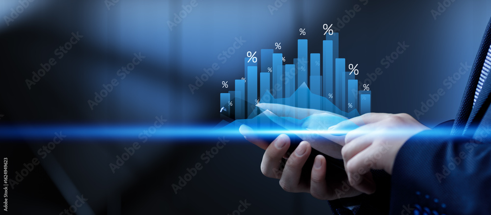 Poster financial growth strategy and data visualization with interactive graphs and percentages in business