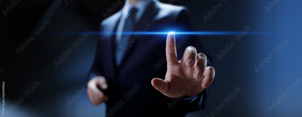 Poster businessman pressing button on virtual screen, innovation and digital touch interaction on futuristi