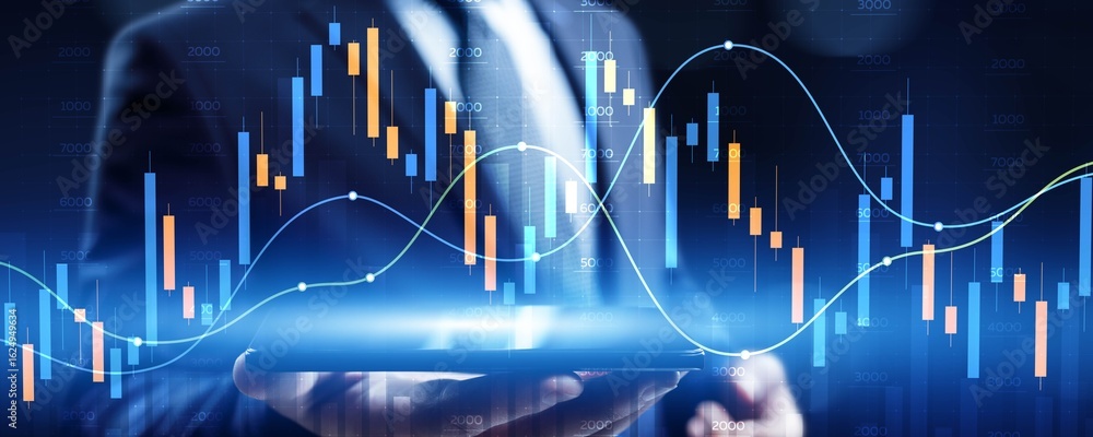 Poster advanced financial analysis and strategic decision-making with digital visualization.