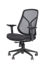 Fototapeta premium Ergonomic black office chair with adjustable armrests, mesh backrest, and headrest, designed for modern workspace comfort and lumbar support