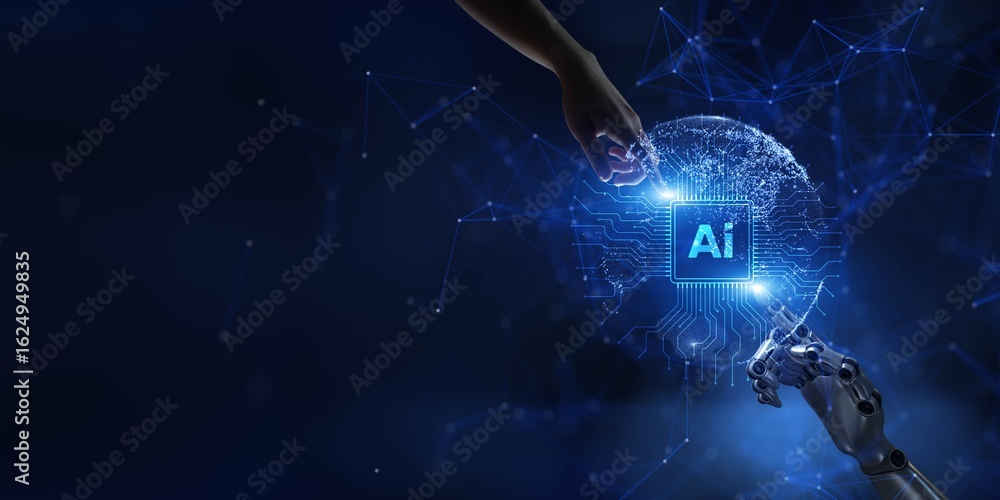 Poster ai integration with human interaction in a technological concept.