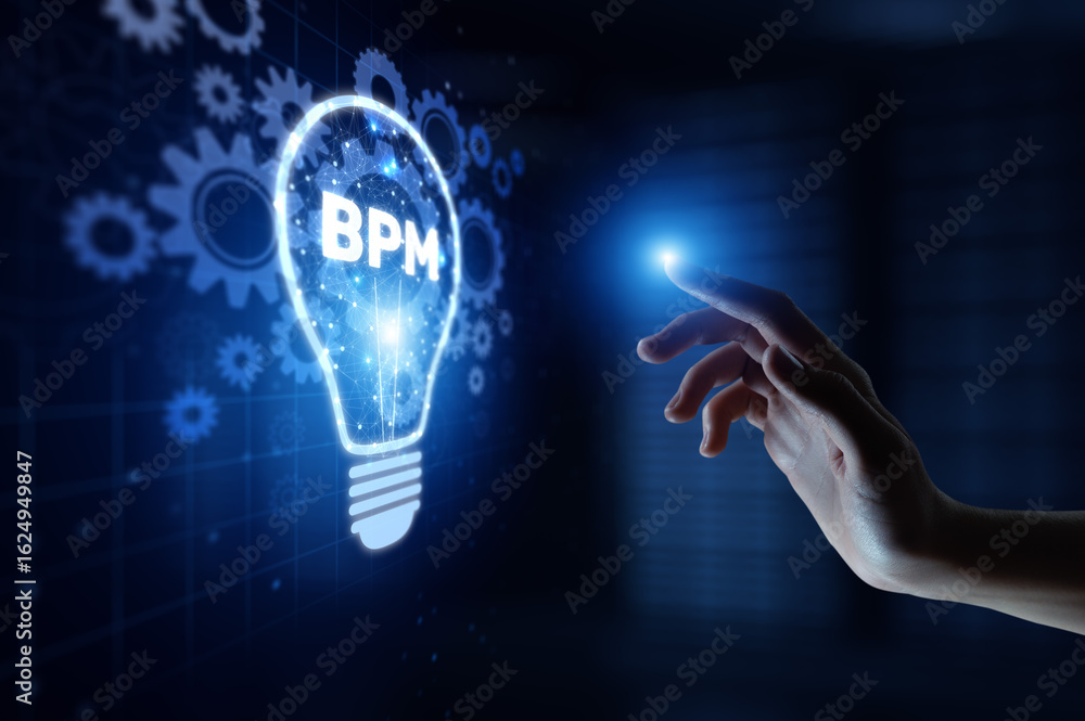 Poster bpm business process management optimizing workflow and efficiency with human hand holding lamp holo