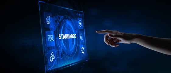 Standard standardization certification quality control assurance. Hand pressing button on virtual...