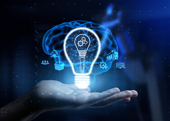 Innovation Driving Business Growth and Technological Advancement with Human Hand Holding Lamp Hologram.