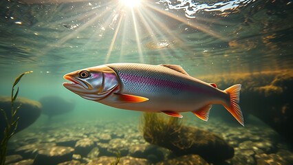 Fototapeta premium Rainbow trout swimming in a clear river with sunlight filtering through the water and aquatic plants.
