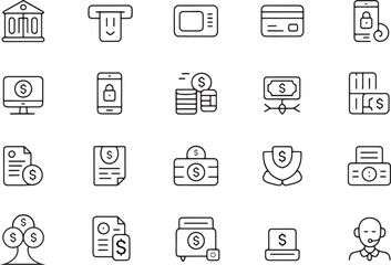 A diverse collection of minimalist line art icons representing finance, banking, and money-related business concepts, perfect for web design
