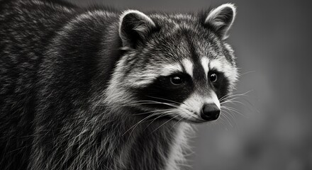 Fototapeta premium Black and White Raccoon Close-up with Bright Eyes in Nature