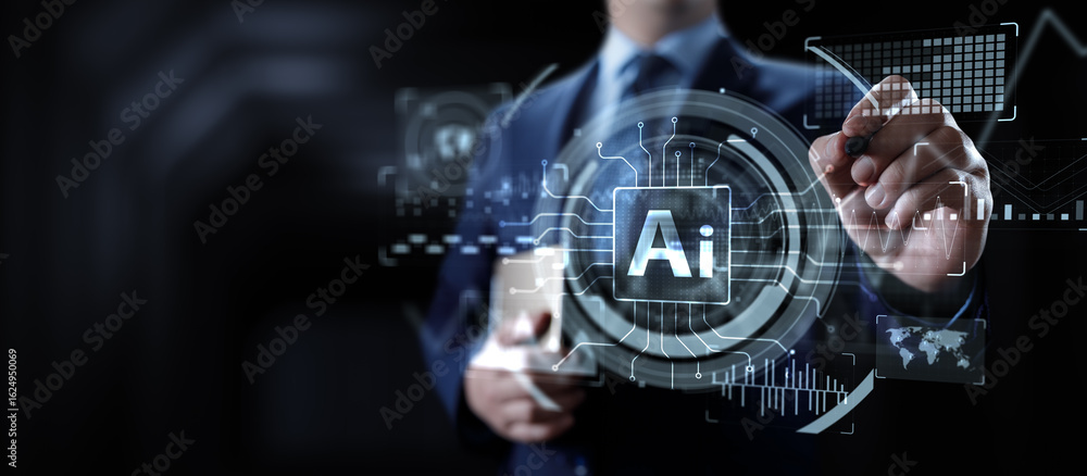 Poster artificial intelligence technology and global business strategy concept with digital interface.