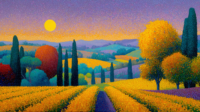 Vibrant Acrylic Painting in Klimt Style of a Sunlit Vineyard with Golden Hues and Ornamental Patterns