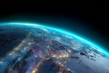 Fototapeta premium Stunning Earth View from Orbit at Night, Highlighting Urban Illumination and the Planet's Curvature